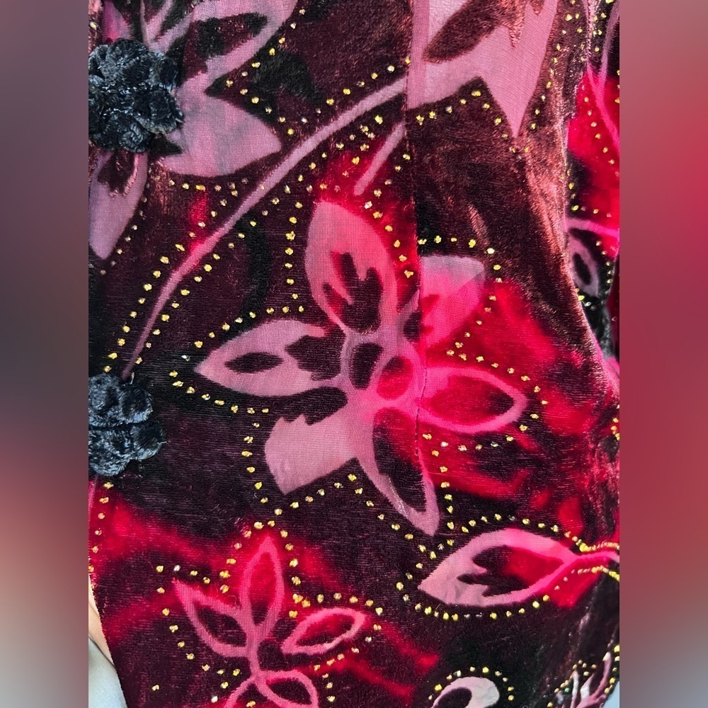 ARIA A Medium Fall Color Velvet Burnout Silk Blend Asian Kimono Top Frog Closure - Picture 12 of 12